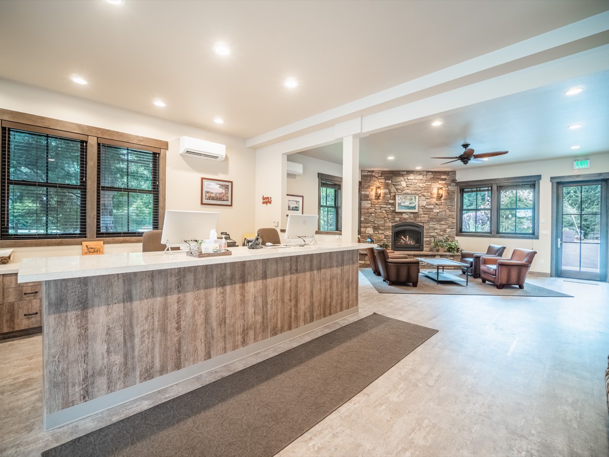 Warm office and lounge with a stone fireplace