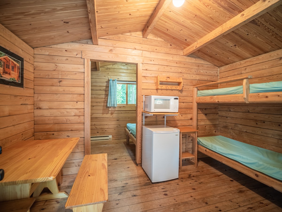 Cozy cabin interior with bunk, microwave and fridge