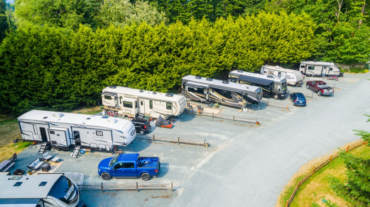 Aerial view of RVs parked along the tree line