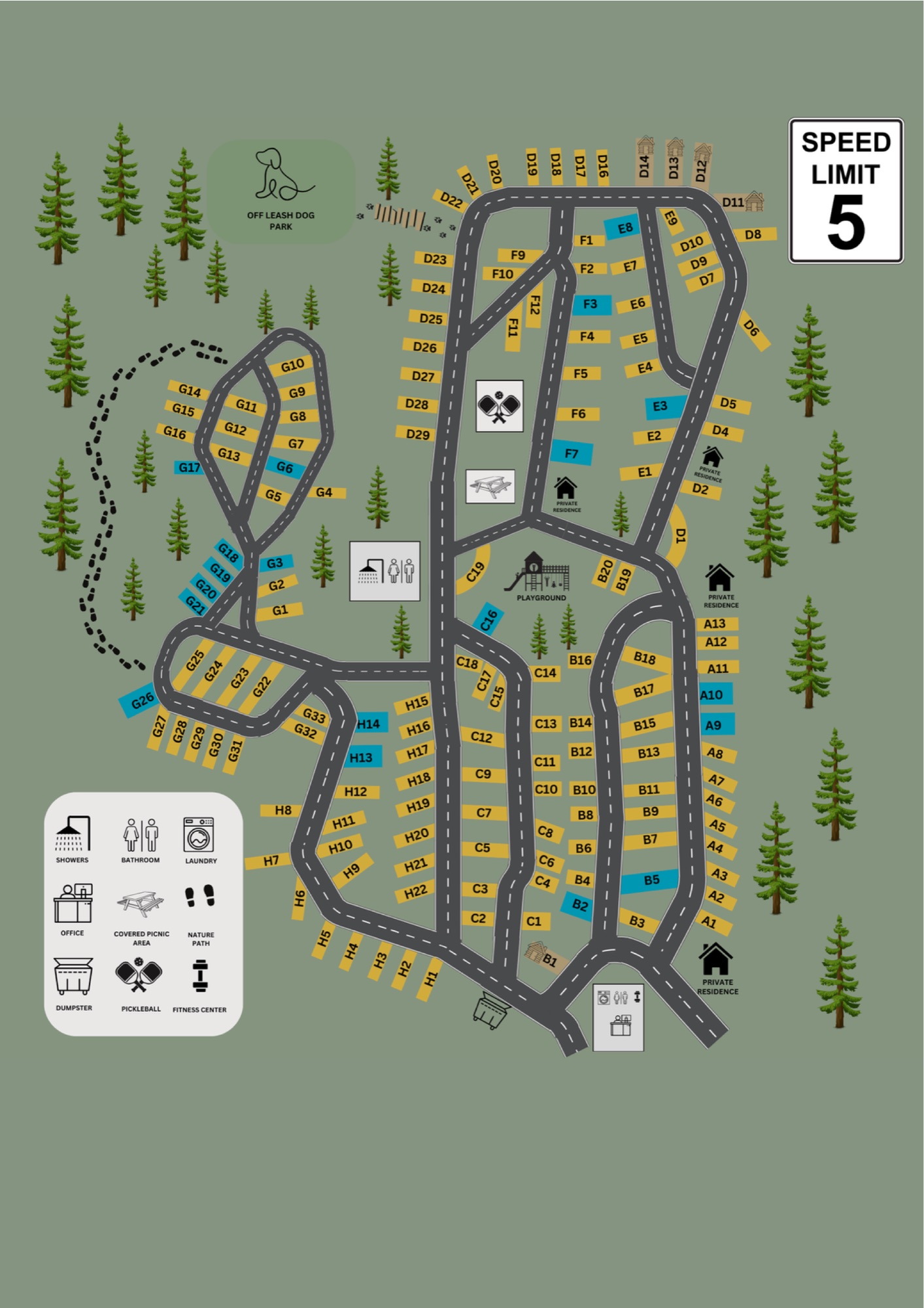 Site map of Pioneer Trails RV Resort showing all RV sites A through H, cabins, pickleball courts, off-leash dog park, playground, restrooms, showers, laundry, and the office
