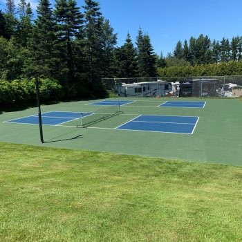 Pickleball courts surrounded by firs at Pioneer Trails RV Resort